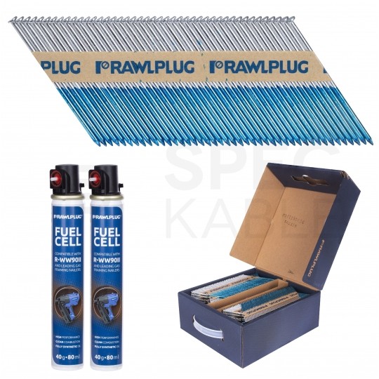 Gwoździe do drewna 3,1x90mm ocynkowane, gładkie na papierze 2200 sztuk + 2x gaz do gwoździarki WW90II Rawlplug R-DPG-3190-V