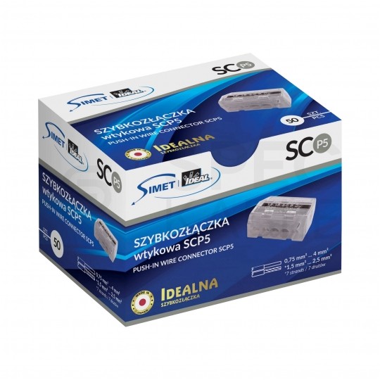 IDEALNA Szybkozłączka 5x 0,75-4mm2 uniwersalna bezhalogenowa (na drut / na linkę) 450V/24A SCP5 SIMET 50szt.