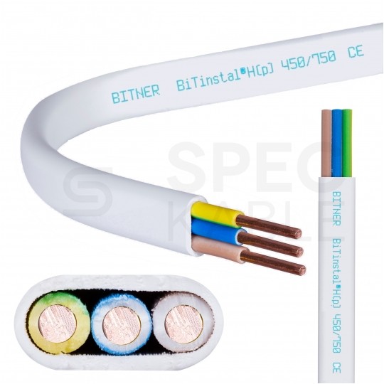Kabel instalacyjny płaski BiTinstal H(p) HDHp 3x1,5mm2 biały 450/750V bezhalogenowy YDYp B2ca drut Bitner