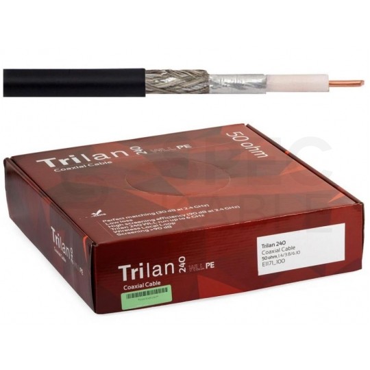 Kabel koncentryczny 50ohm Tri-Lan 240 1,4/3,8/6,1mm Cu (oplot CuSn 80%) czarny antenowy zewnętrzny suchy TRILAN
