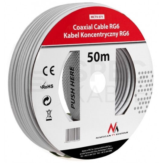 Kabel koncentryczny 75ohm RG6 1,00/4,8/6,6mm CSS (oplot Al) biały antenowy wewnętrzny Maclean