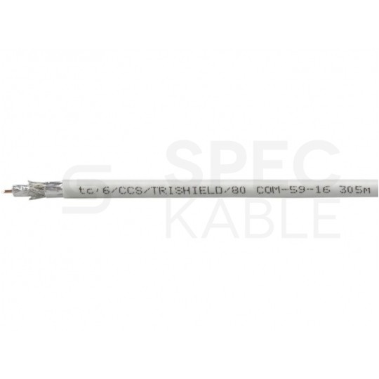 Kabel koncentryczny 75ohm RG6 tc’680CCS Tri-Shield 1,02/4,7/6,9mm CCS (oplot Al 80%) antenowy wewnętrzny biały TC'EQ