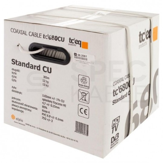 Kabel koncentryczny 75ohm RG6 tc’680CU Dual-Shield 1,0/4,7/6,9mm Cu (oplot Al 80%) antenowy wewnętrzny biały TC'EQ