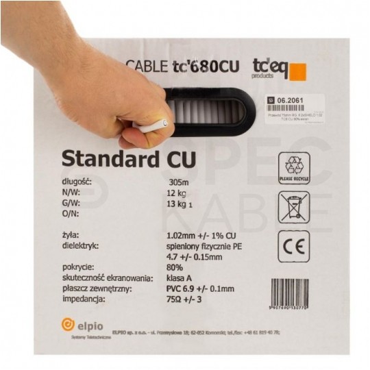 Kabel koncentryczny 75ohm RG6 tc’680CU Dual-Shield 1,0/4,7/6,9mm Cu (oplot Al 80%) antenowy wewnętrzny biały TC'EQ