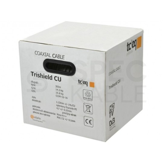 Kabel koncentryczny 75ohm RG6 tc’690CU Tri-Shield 1,13/4,8/7,2mm Cu (oplot Al 80%) antenowy wewnętrzny biały TC'EQ