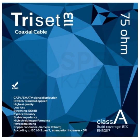 Kabel koncentryczny 75ohm Triset-113 Tri-Shield 1,13/4,8/6,8mm Cu (oplot Al 81%) antenowy wewnętrzny biały Triset
