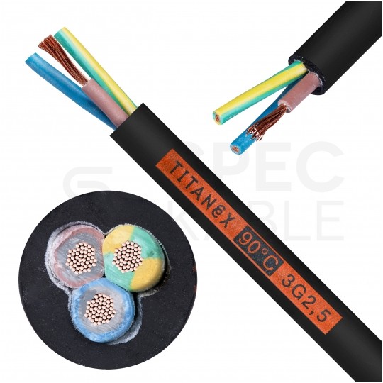 Kabel przemysłowy gumowy TITANEX OnPD / H07RN-F 3x2,5mm2 czarny 450/750V zewnętrzny olejoodporny linka Nexans