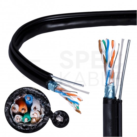 Kabel sieciowy F/UTP kat.5e skrętka 4x2x0,5mm zewnętrzny suchy z linką nośną PE czarny NETSET