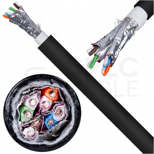 Kabel sieciowy S/FTP kat.7 skrętka 4x2x0,57mm zewnętrzny żelowany PE czarny Satec