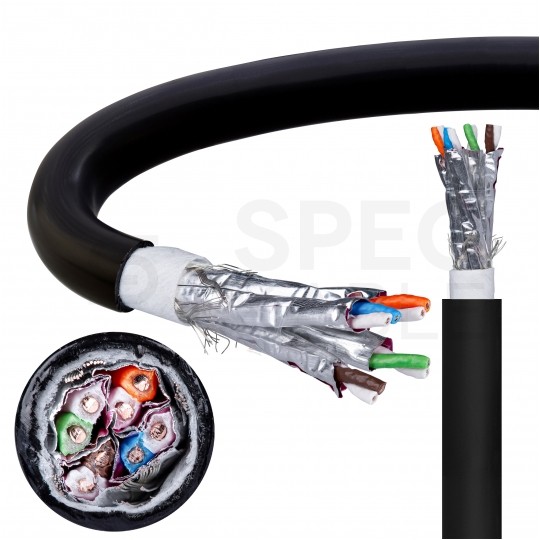 Kabel sieciowy S/FTP kat.7 skrętka 4x2x0,57mm zewnętrzny żelowany PE czarny SATEC