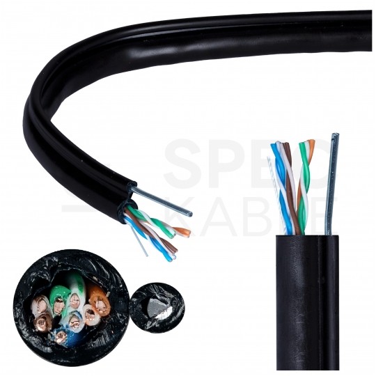 Kabel sieciowy U/UTP kat.5e skrętka 4x2x0,5mm zewnętrzny suchy z linką nośną PE czarny MAXCABLE
