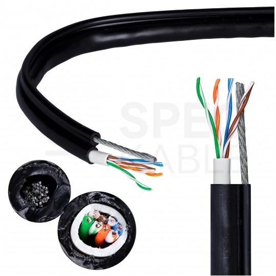 Kabel sieciowy U/UTP kat.5e skrętka 4x2x0,5mm zewnętrzny suchy z linką nośną PE czarny SATEC