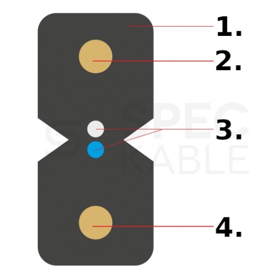 Kabel światłowodowy płaski FTTH 2 włókna SM 9/125 G.657.A1 uniwersalny B2ca bezhalogenowy LSOH wzmocniony FRP biały Alantec
