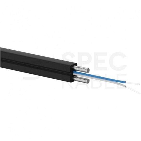 Kabel światłowodowy płaski FTTH 2 włókna SM 9/125 G.657.A1 uniwersalny bezhalogenowy wzmocniony prętami stalowymi czarny Alantec