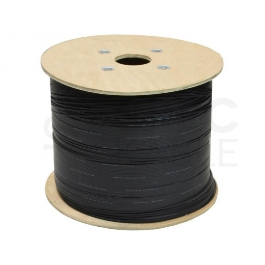 Kabel światłowodowy płaski FTTH 2 włókna SM 9/125 G.657.A1 uniwersalny Eca bezhalogenowy LSOH wzmocniony FRP czarny Alantec