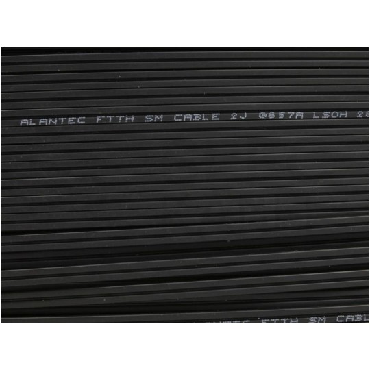 Kabel światłowodowy płaski FTTH 2 włókna SM 9/125 G.657.A1 uniwersalny Eca bezhalogenowy LSOH wzmocniony FRP czarny Alantec