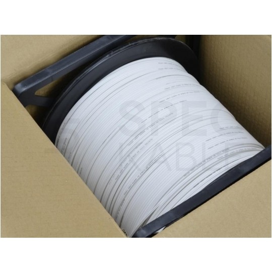 Kabel światłowodowy płaski FTTH 2 włókna SM 9/125 G.657.A1 uniwersalny Eca bezhalogenowy LSOH wzmocniony prętami stalowymi biały Alantec