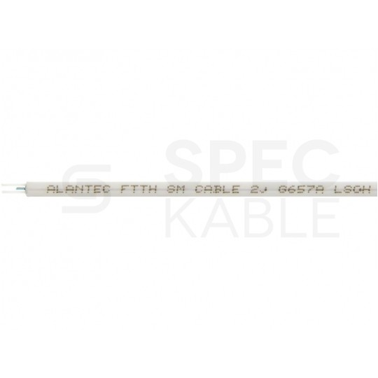 Kabel światłowodowy płaski FTTH 2 włókna SM 9/125 G.657.A1 uniwersalny Eca bezhalogenowy LSOH wzmocniony prętami stalowymi biały Alantec