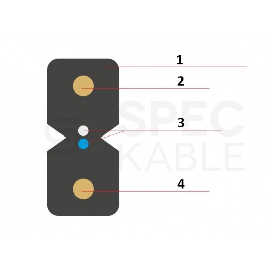 Kabel światłowodowy płaski FTTH 2 włókna SM 9/125 G.657.A1 uniwersalny Eca bezhalogenowy LSOH wzmocniony prętami stalowymi czarny Alantec