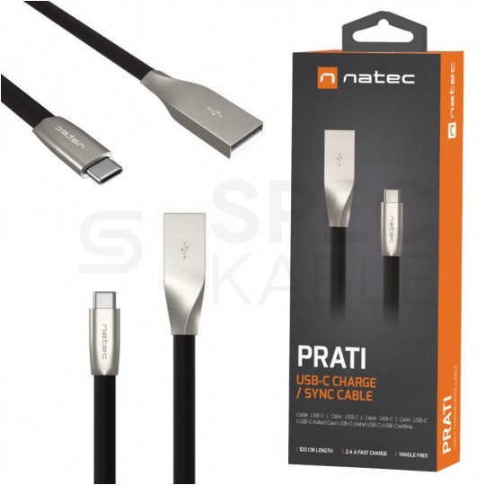 Kabel USB 2.0 A / USB typ-C (wtyk / wtyk) płaski czarny 1m