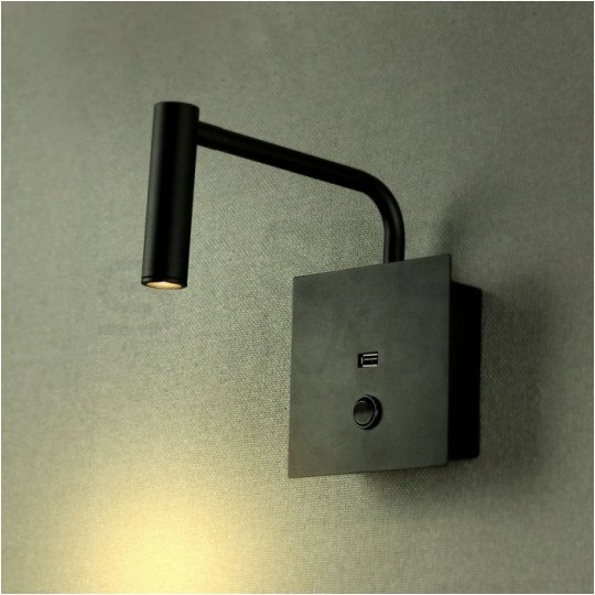 Kinkiet hotelowy LED 3W 180lm 3000K z włącznikiem i gniazdem USB czarny barwa WW biała ciepła IP20 V-TAC VT-2943