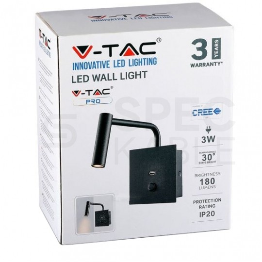 Kinkiet hotelowy LED 3W 180lm 3000K z włącznikiem i gniazdem USB czarny barwa WW biała ciepła IP20 V-TAC VT-2943