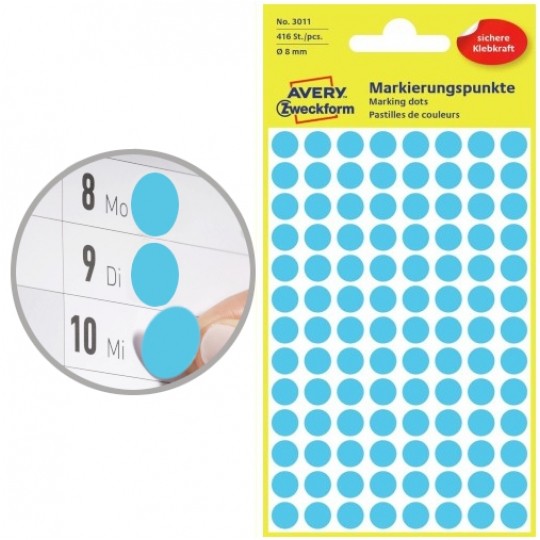 Kółka samoprzylepne do oznaczania niebieskie śred. 8,0mm papierowe (416 etykiet na 4 arkuszach) AVERY Zweckform 3011