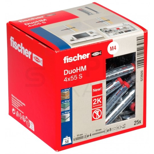 Kołki rozporowe DuoHM 4x55mm 2-składnikowe z wkrętem PZ2 M4x55 do płyt karton gips i wiórowych FISCHER 25 sztuk