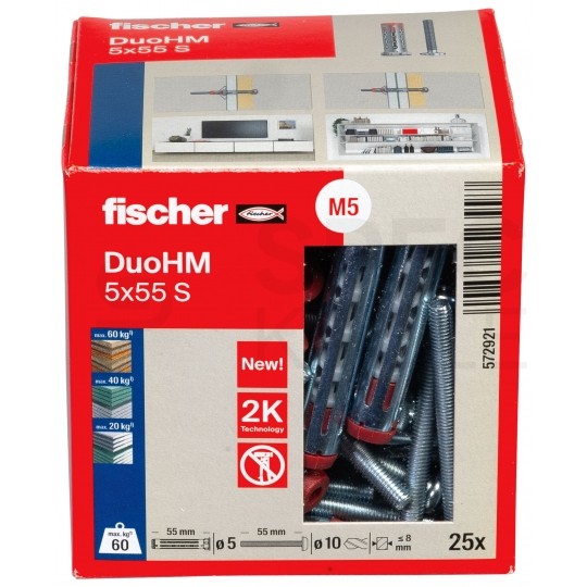 Kołki rozporowe DuoHM 6x55mm 2-składnikowe z wkrętem PZ3 M6x55 do płyt karton gips i wiórowych FISCHER 25 sztuk