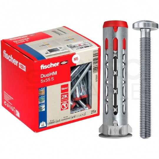 Kołki rozporowe DuoHM 6x55mm 2-składnikowe z wkrętem PZ3 M6x55 do płyt karton gips i wiórowych FISCHER 25 sztuk