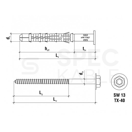 Kołki rozporowe ramowe 12x180mm z wkrętem z łbem sześciokątnym i gniazdem TORX do betonu, cegły ceramicznej i silikatowej KLIMAS 25szt