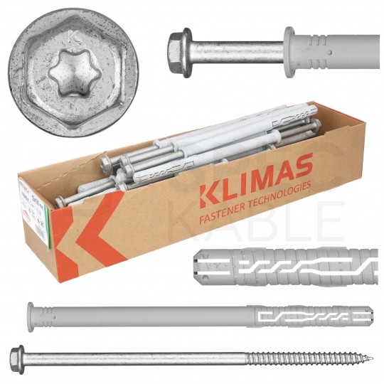 Kołki rozporowe ramowe 12x300mm z wkrętem z łbem sześciokątnym i gniazdem TORX do betonu, cegły ceramicznej i silikatowej KLIMAS 20szt