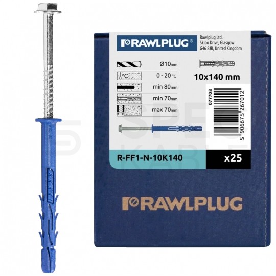 Kołki rozporowe ramowe R-FF1 10x140mm z wkrętem z łbem sześciokątnym i gniazdem TORX do betonu, cegły ceramicznej i silikatowej RAWLPLUG 25szt