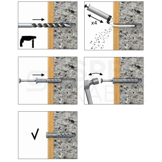 Kołki rozporowe szybkiego montażu FX-C 6x40mm z kołnierzem cylindrycznym oraz gwoździem wbijanym do betonu, gazobetonu i cegły silikatowej KOELNER 100szt