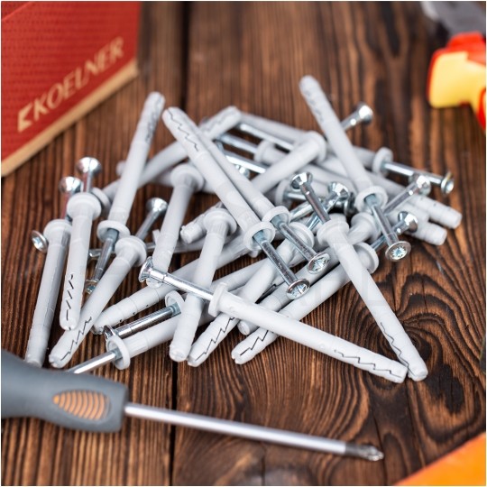 Kołki rozporowe szybkiego montażu FX-K 6x45mm z kołnierzem typu grzybek oraz gwoździem wbijanym do betonu, gazobetonu i cegły silikatowej KOELNER 100szt