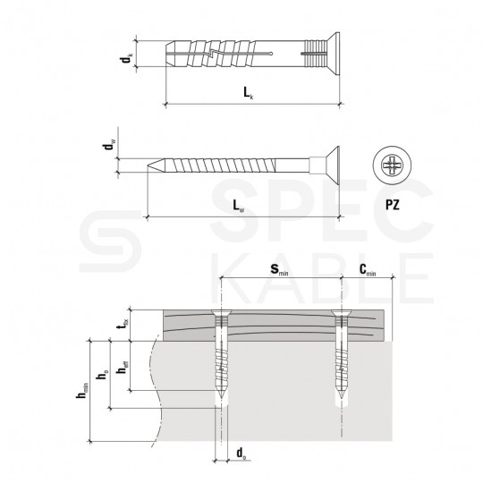 Kołki rozporowe szybkiego montażu SM 10x100mm z wkrętem z łbem stożkowym i gniazdem PZ do betonu, cegły ceramicznej i silikatowej KLIMAS 50szt
