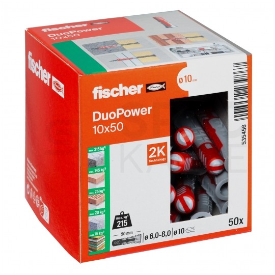 Kołki rozporowe uniwersalne DuoPower 10x50mm 2-składnikowe do wszystkich typów podłoża FISCHER 50szt