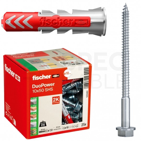 Kołki rozporowe uniwersalne DuoPower 10x50mm S 2-składnikowe z wkrętem TX40 / SW 13 7.0x69mm z łbem sześciokątnym do wszystkich typów podłoża FISCHER 25szt