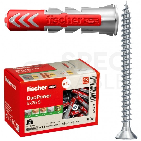 Kołki rozporowe uniwersalne DuoPower 5x25mm S 2-składnikowe z wkrętem PZ 3,5x35mm z łbem stożkowem do wszystkich typów podłoża FISCHER 50szt