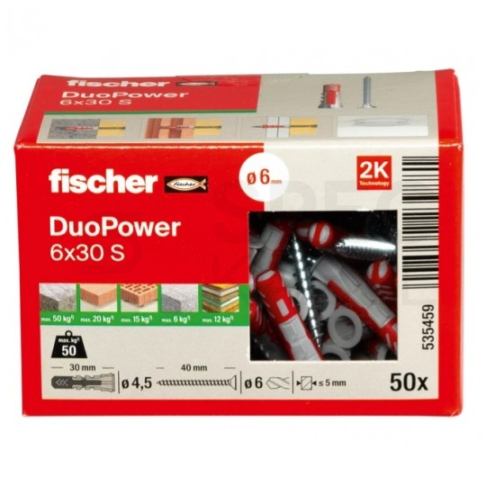 Kołki rozporowe uniwersalne DuoPower 6x30mm S 2-składnikowe z wkrętem PZ 4,5x40mm z łbem stożkowem do wszystkich typów podłoża FISCHER 50szt