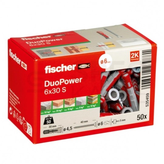 Kołki rozporowe uniwersalne DuoPower 6x30mm S 2-składnikowe z wkrętem PZ 4,5x40mm z łbem stożkowem do wszystkich typów podłoża FISCHER 50szt