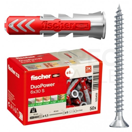 Kołki rozporowe uniwersalne DuoPower 6x30mm S 2-składnikowe z wkrętem PZ 4,5x40mm z łbem stożkowem do wszystkich typów podłoża FISCHER 50szt