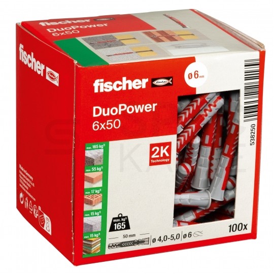 Kołki rozporowe uniwersalne DuoPower 6x50mm 2-składnikowe do wszystkich typów podłoża FISCHER 100szt