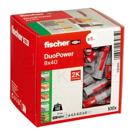 Kołki rozporowe uniwersalne DuoPower 8x40mm 2-składnikowe do wszystkich typów podłoża FISCHER 100szt