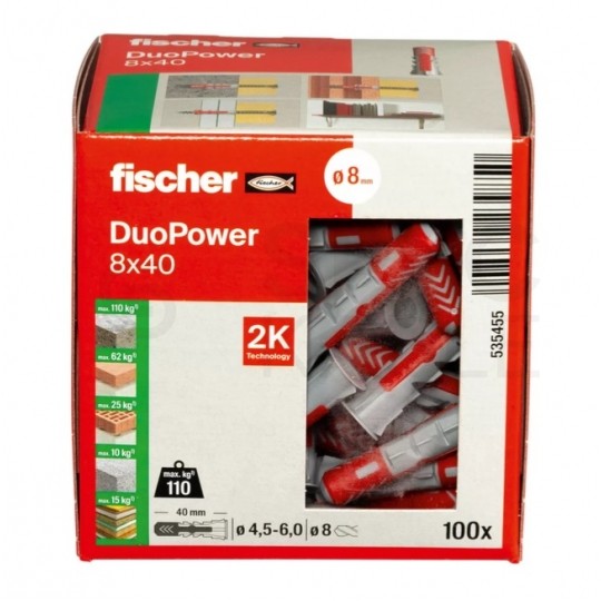 Kołki rozporowe uniwersalne DuoPower 8x40mm 2-składnikowe do wszystkich typów podłoża FISCHER 100szt