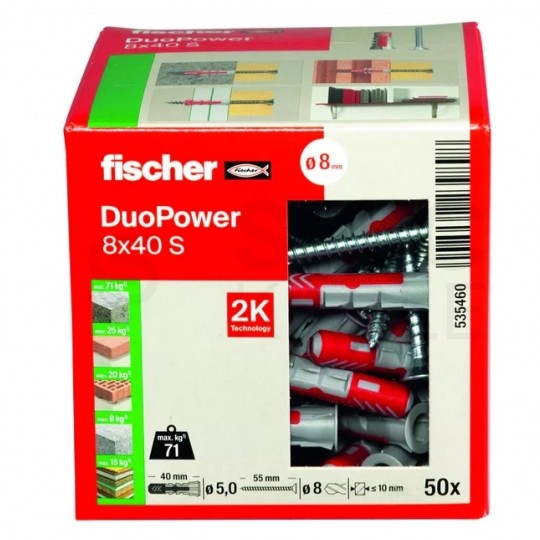 Kołki rozporowe uniwersalne DuoPower 8x40mm S 2-składnikowe z wkrętem PZ 5x55mm z łbem stożkowem do wszystkich typów podłoża FISCHER 50szt