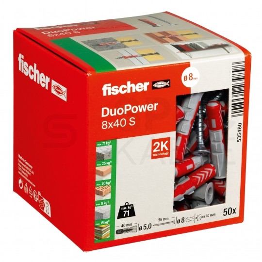 Kołki rozporowe uniwersalne DuoPower 8x40mm S 2-składnikowe z wkrętem PZ 5x55mm z łbem stożkowem do wszystkich typów podłoża FISCHER 50szt