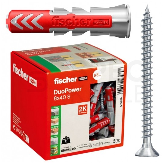 Kołki rozporowe uniwersalne DuoPower 8x40mm S 2-składnikowe z wkrętem PZ 5x55mm z łbem stożkowem do wszystkich typów podłoża FISCHER 50szt