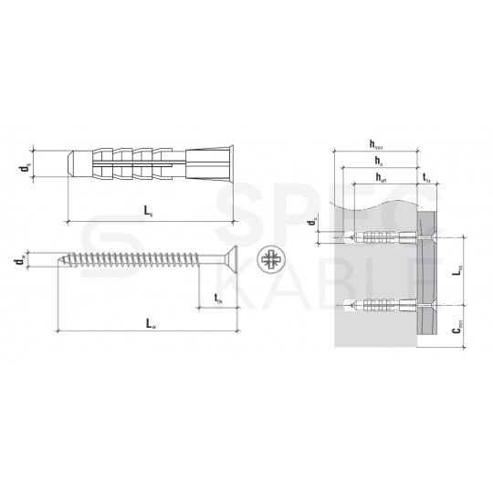 Kołki rozporowe uniwersalne KW 8x50mm z wkrętem PZ 4,5x60mm z łbem stożkowym do betonu, cegły, płyt G-K KLIMAS 100szt