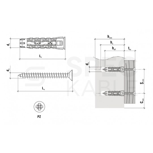 Kołki rozporowe uniwersalne SFXP 10x60mm z wkrętem PZ 6x70mm z łbem stożkowym do betonu, cegły, płyt G-K KLIMAS 50szt